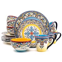 Zanzibar Collection 16 Piece Dinnerware Set Kitchen and Dining, Service for 4, Spanish Floral Design, Multicolor, Blue and Yellow