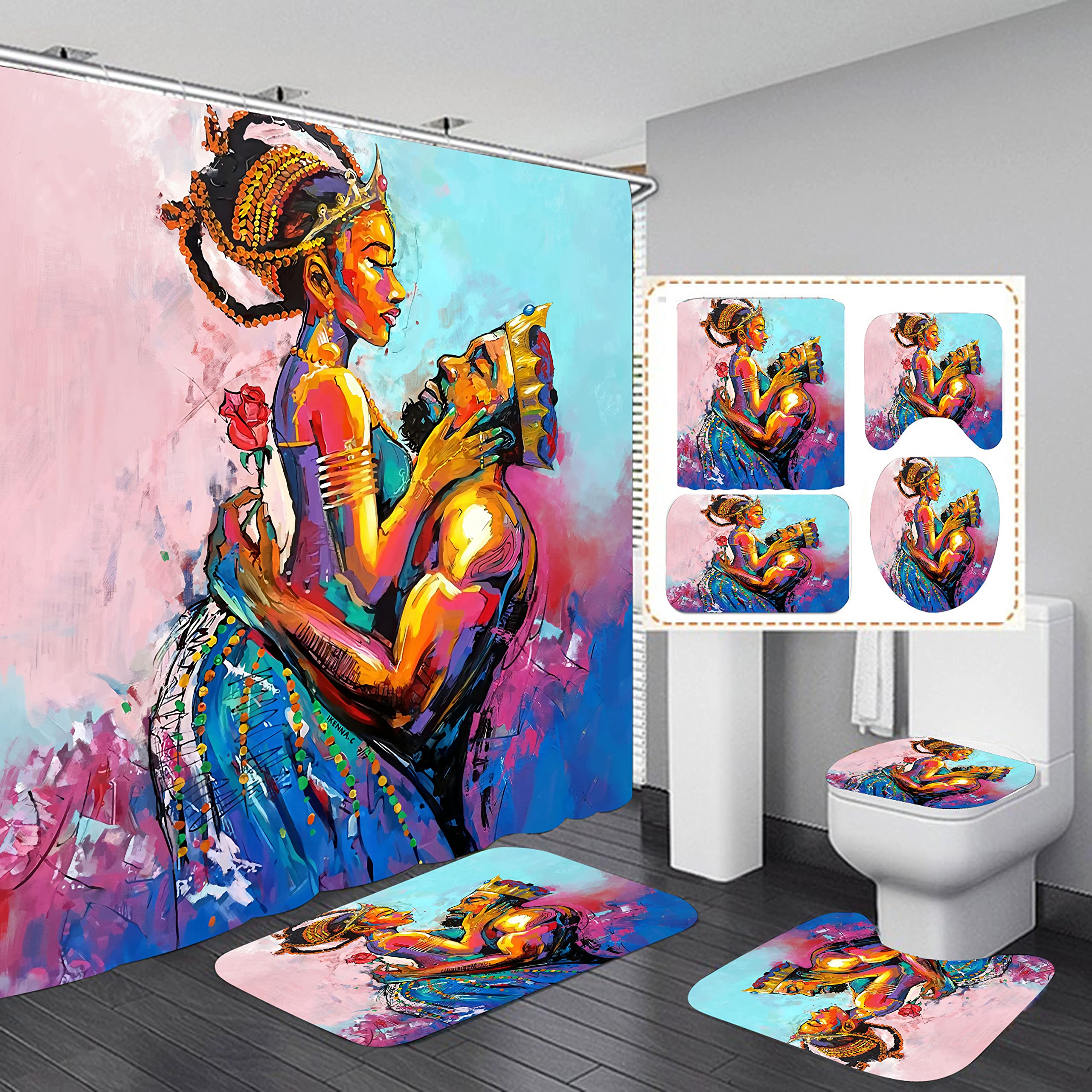 Fancy Decorated Wall Painting Graffiti Art Style African Men and Women Romantic and Sexy Black People Portrait Polyester Shower Curtain Home Bathro...
