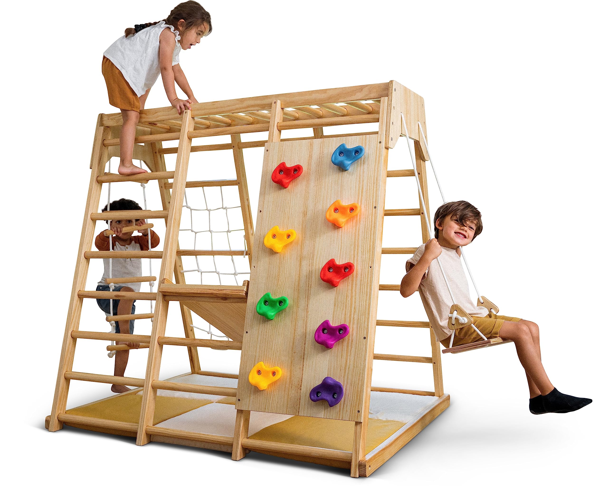 Avenlur Magnolia Indoor Playground 7-in-1 Jungle Gym Montessori Waldorf Style Wooden Climber Playset Slide, Rock Climbing Wall, Rope Wall Climber, Monkey Bars, Swing for Toddlers, Children Kids 2-6yrs