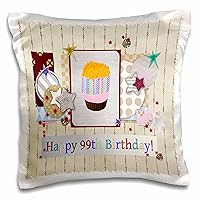 3D Rose Collage of Stars Cupcake and Candle Happy 99th Birthday Pillow Case, 16