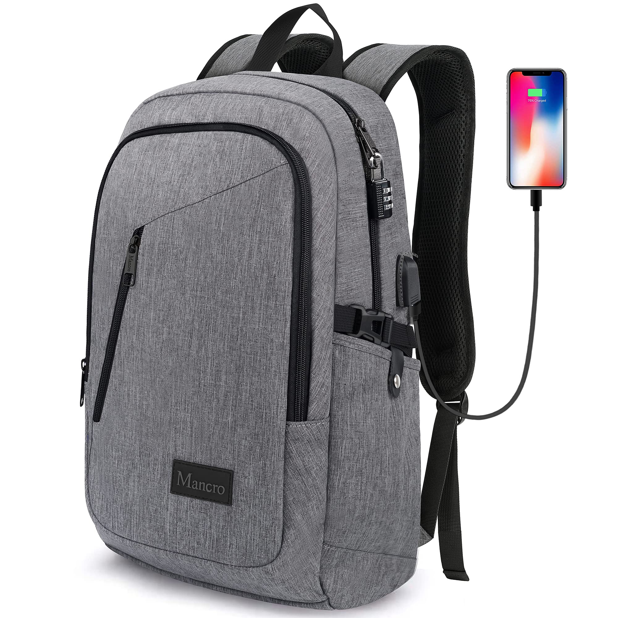 Mancro Laptop Backpack for Travel, 15.6 in Anti-Theft Business Backpack for Men Women with USB Charging Port & Lock, Gifts for Men Women, Water Resistant Travel Computer Bag Daypack, Grey