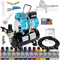 Master Airbrush Cool Runner II Dual Fan Air Tank Compressor System Kit with Professional G233 Gravity Airbrush Kit with 3 Tips, 12 Createx Wicked Colors Acrylic Paint Artist Set, Airbrush Cleaning Kit