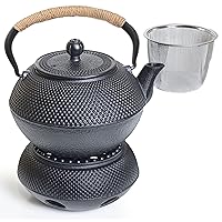 Oztara Cast Iron Teapot Set, 40 oz/1200 ml Japanese Style Teapot with Infuser and Warmer, Tea pot | Tea Kettle Coated with Enameled Interior, Large Cast Iron Kettle, Black & Iron cast Teapot warmer