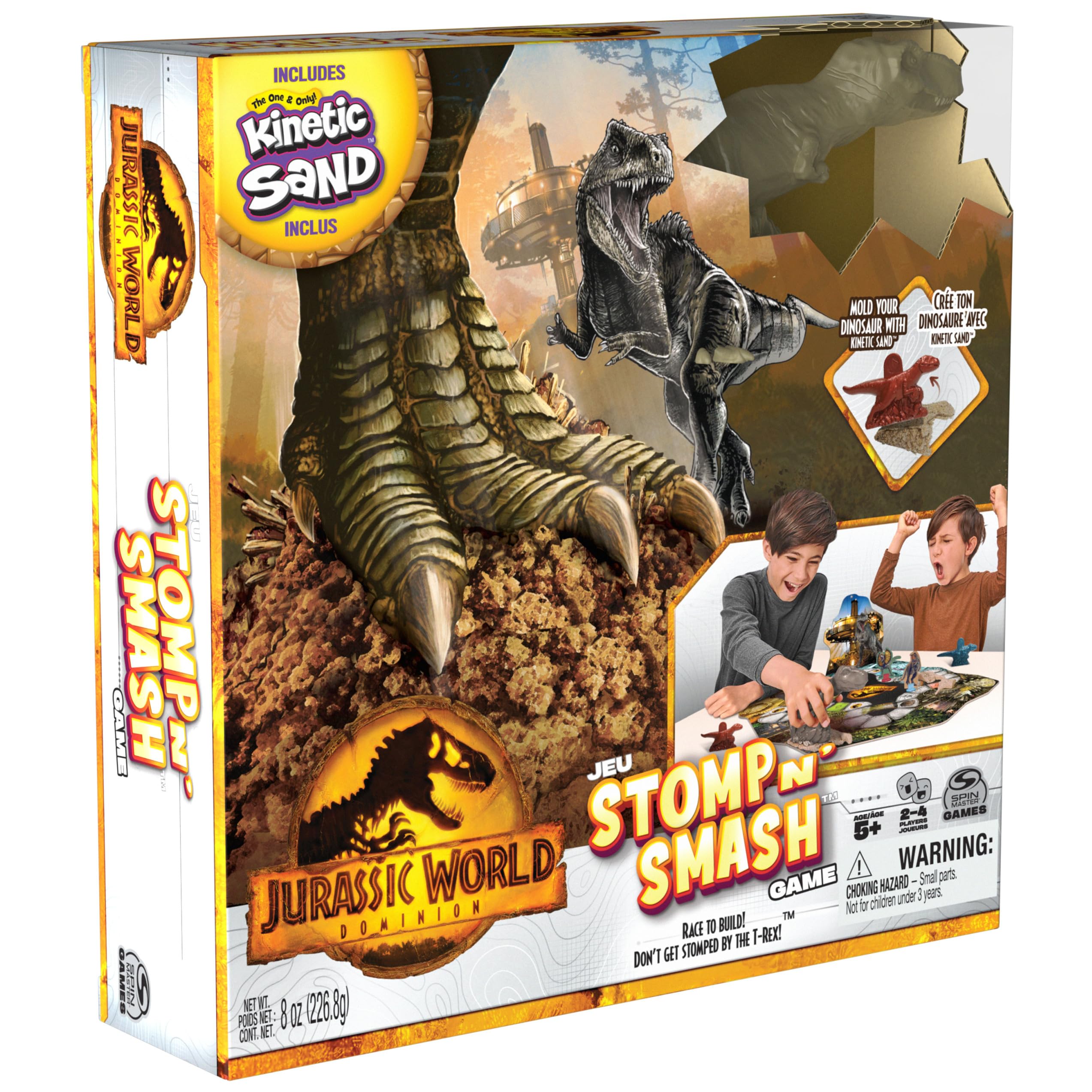 Jurassic World Dominion, Stomp N’ Smash Board Game Sensory Dinosaur Toy with Kinetic Sand Jurassic Park Movie Family Game, for Kids Ages 5 & up