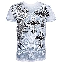 TG527T Cross,Sword and Shield Metallic Silver Embossed Short Sleeve Crew Neck Cotton Mens Fashion T-Shirt - White/Small