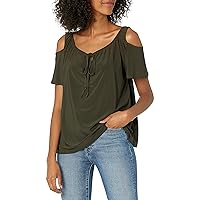 Star Vixen Women's Petite Cold Shoulder Tie Neck Keyhole Peasant Top