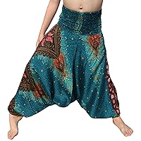 RaanPahMuang Smock Waist Rayon Aladdin Harem Baggy Pants in Mixed Artworks