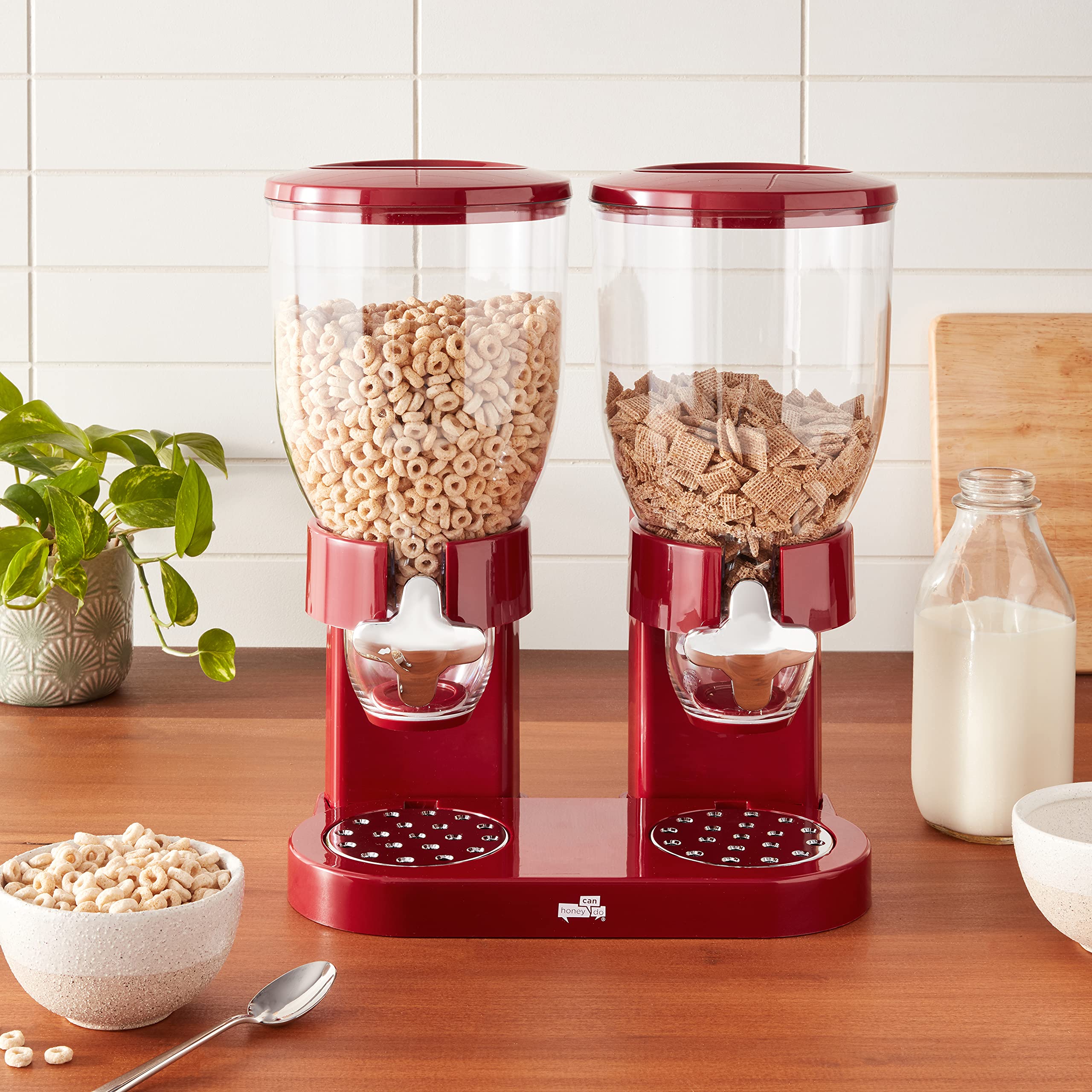 Honey-Can-Do Double Cereal Dispenser with Portion Control, Red and Chrome