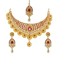 Gold-Toned Red Stone Indian Choker, Earrings & Maang Tikka Set For Women