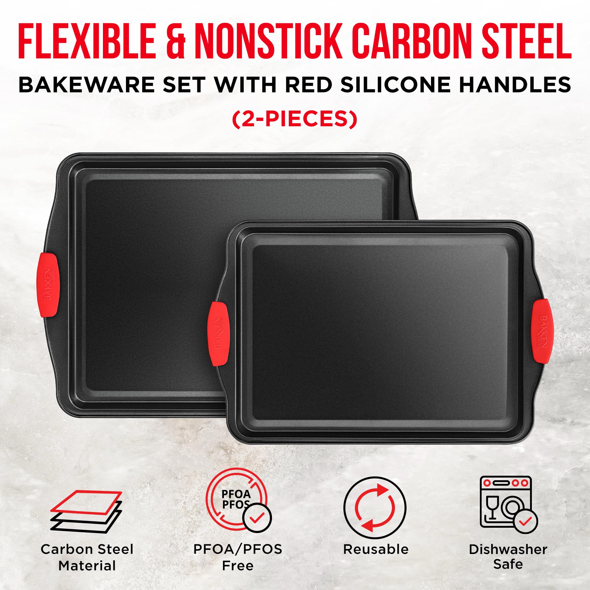 2 Piece Set Nonstick Carbon Steel Oven Bakeware -Professional Quality Kitchen Cooking Baking Trays -PFOA, PFOS, PTFE-Free Small & MediumBaking Sheet Pans with Red Silicone Handles
