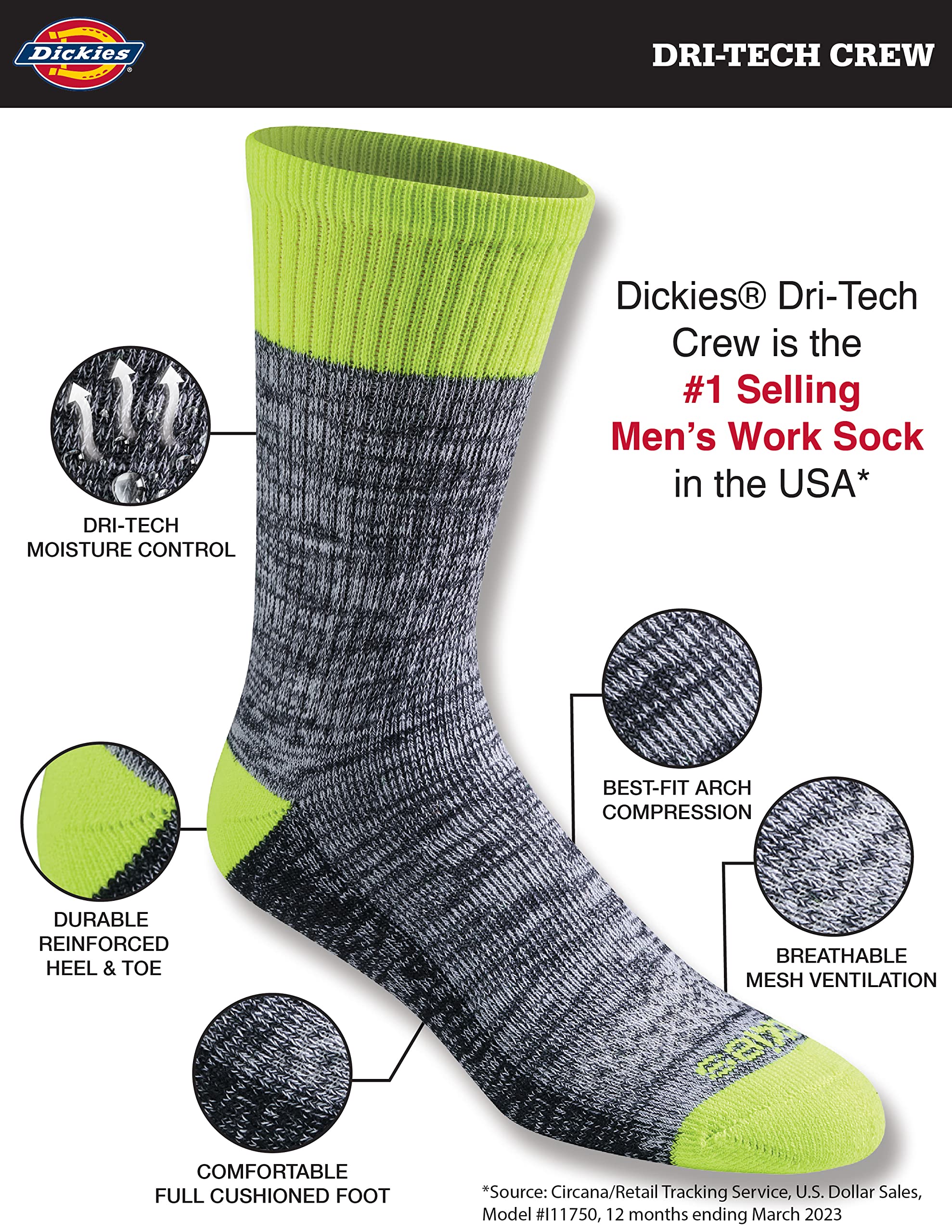 Dickies Men's Dri-tech Moisture Control Crew Socks Multipack