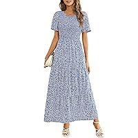 Maggeer Womens 2024 Summer Spring Smocked Wedding Guest Maxi Dress Casual Short Sleeve Floral Boho Flowy Long Dress