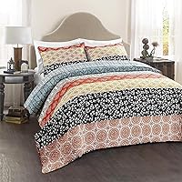 Lush Decor Bohemian Stripe Reversible Cotton Quilt Set, 3 Piece Set, King, Turquoise & Orange - Boho Bedding Set - Bold & Colorful - Striped Quilt - Maximalist & Boho Bedroom Decor