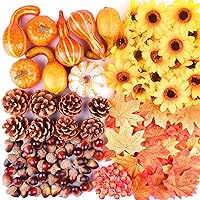 FEPITO 156 Pcs Fall Thanksgiving Decorations, Mini Artificial Pumpkins, Pine Cones, Fall Leaves, Acorns，Sun Flowers and Red Berries for Fall Party Decorations Thanksgiving Party Supplies