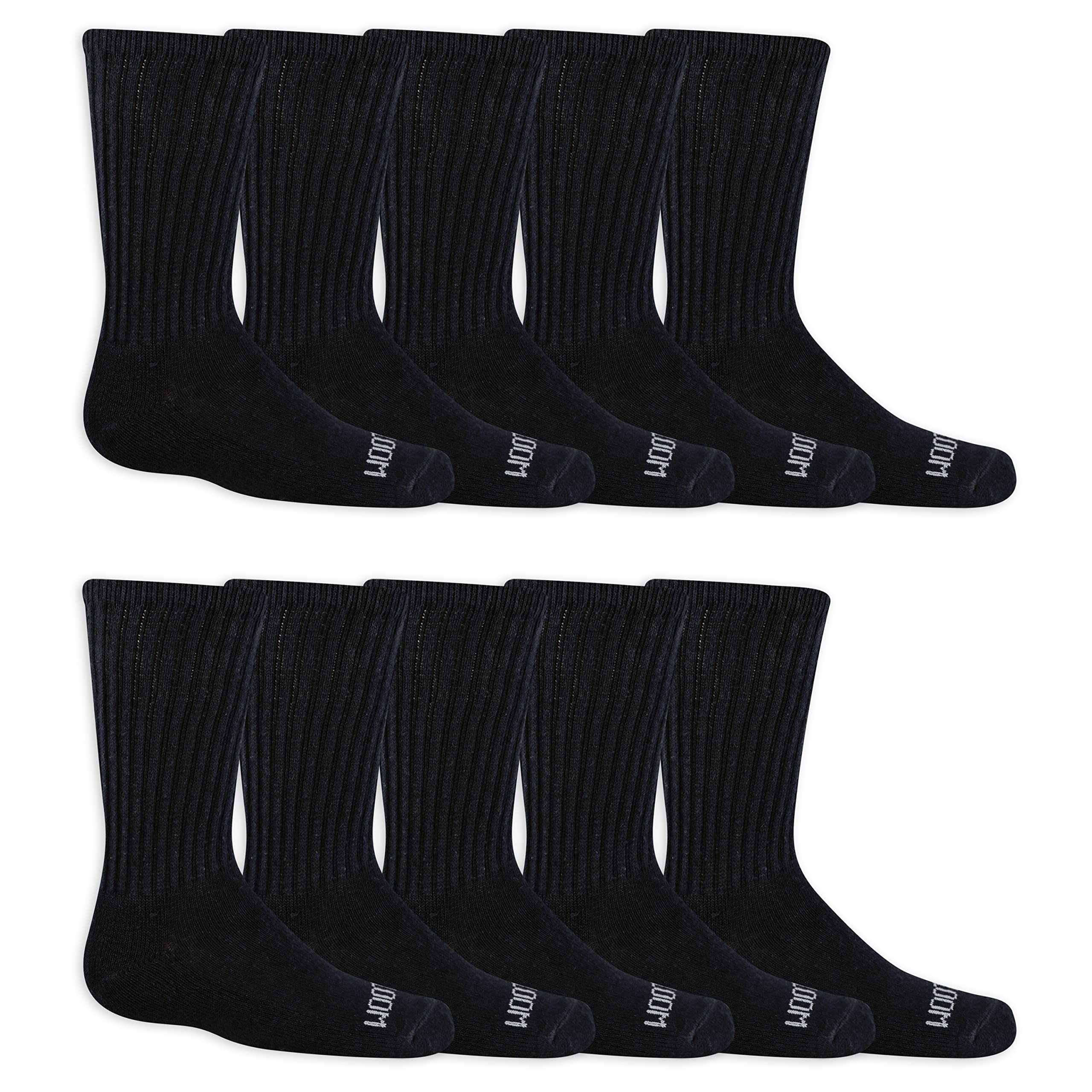 Fruit of the Loom Boys' 10 Pair Pack Dual Defense Cushioned Comfort Socks, Black, Large
