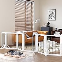 PAWLAND 144-inch Extra Wide 30-inches Tall Dog gate with Door Walk Through, Freestanding Wire Pet Gate for The House, Doorway, Stairs, Pet Puppy Safety Fence, Support Feet Included, White,6 Panels