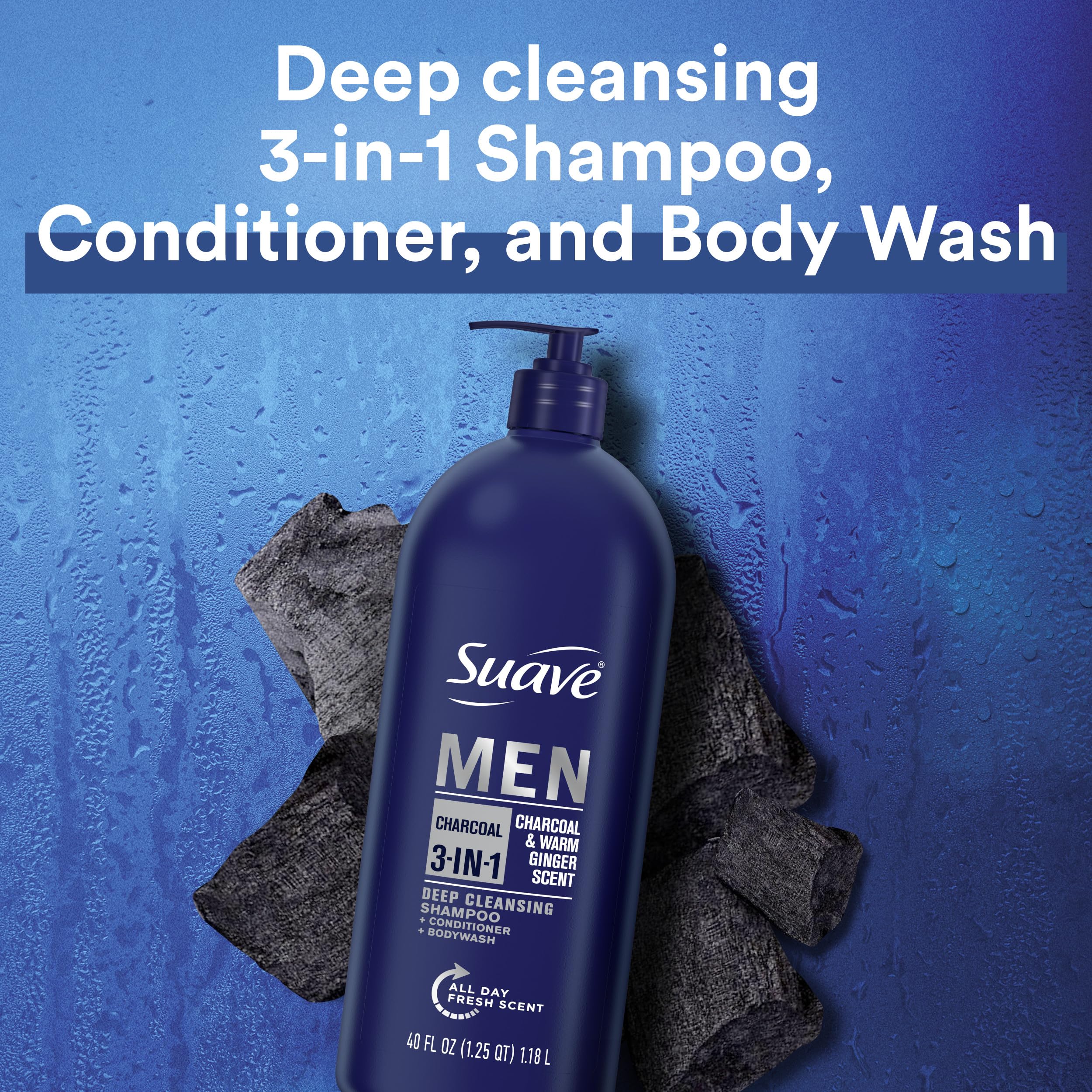Suave Men 3 in 1 Charcoal &Warm Ginger Shampoo Conditioner Bodywash to Cleanse and Nourish Hair and Skin, 40 oz Pack of 3