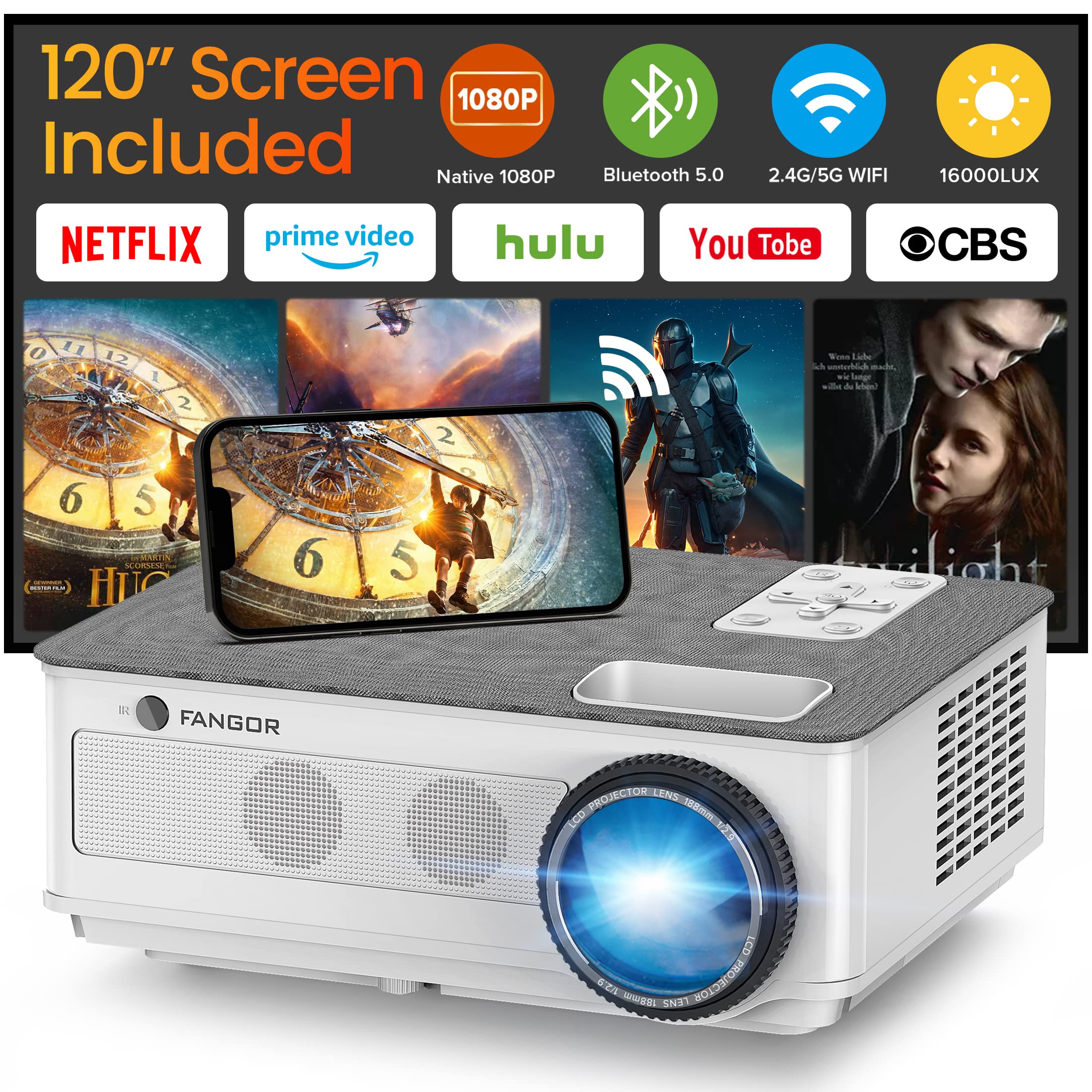 FANGOR 5G WiFi Bluetooth Projector 1080P Native, 16000L 450ANSI Outdoor Projectors [Projector Screen Included],300