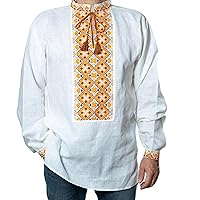 Ukrainian Vyshyvanka Men's Embroidered White Blue Yellow Shirt Linen Wedding 4XL