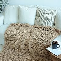 Chenille Chunky Knit Blanket Throw （50×60 Inch）, Handmade Warm & Cozy Blanket Couch, Bed, Home Decor, Soft Breathable Fleece Banket, Christmas Thick and Giant Yarn Throws, Khaki