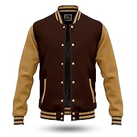 RELDOX Brand Varsity Jacket, Wool Body with Leather Arms Letterman Baseball Unique & Stylish Color Dark Brown-Yellow Gold, Size M