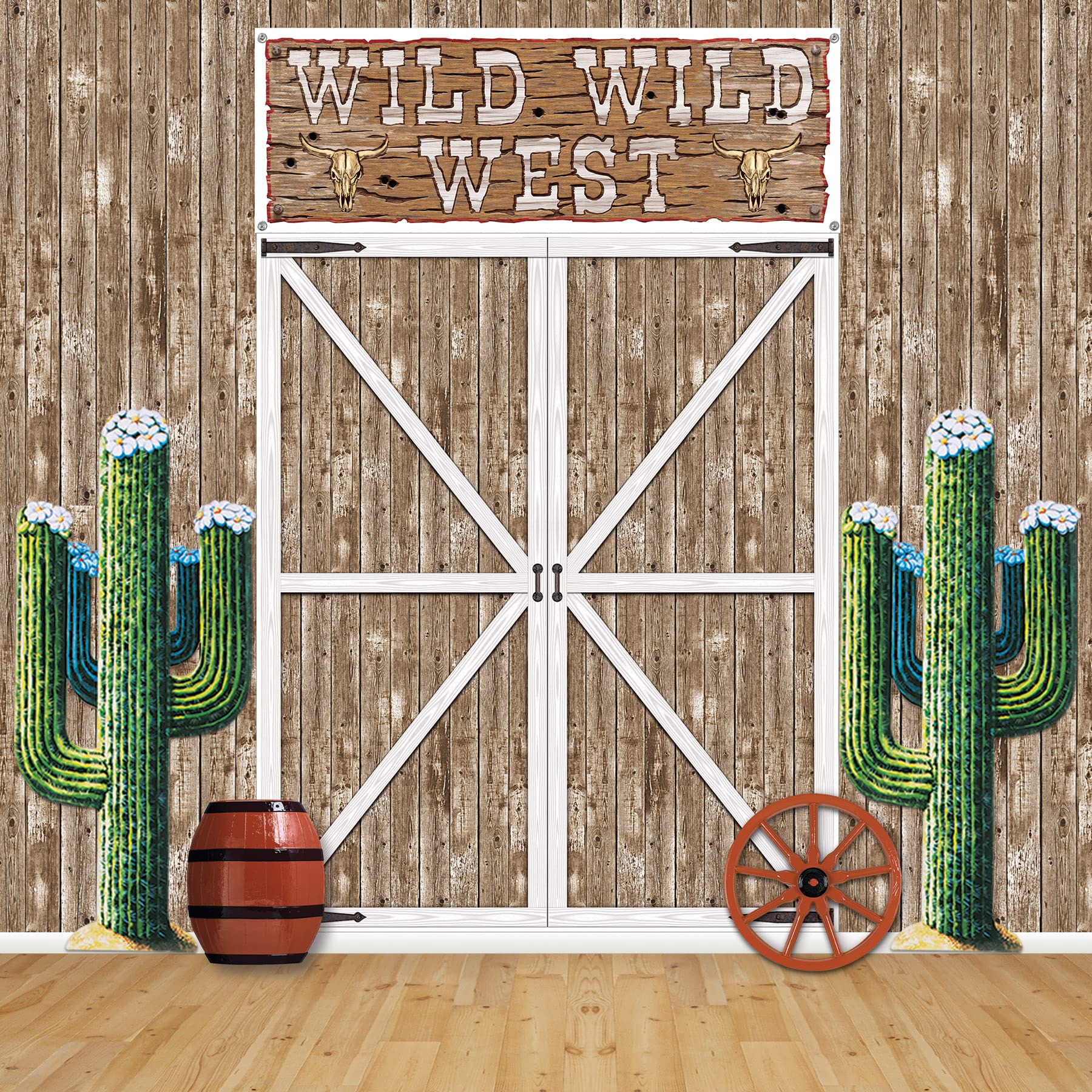 Beistle 6' x 5' Rustic Western Barn Door Photography Background Farm Theme Photo Shoot Backdrop For Birthday, Baby Showers, Wedding Day Décor, Brown/White/Black