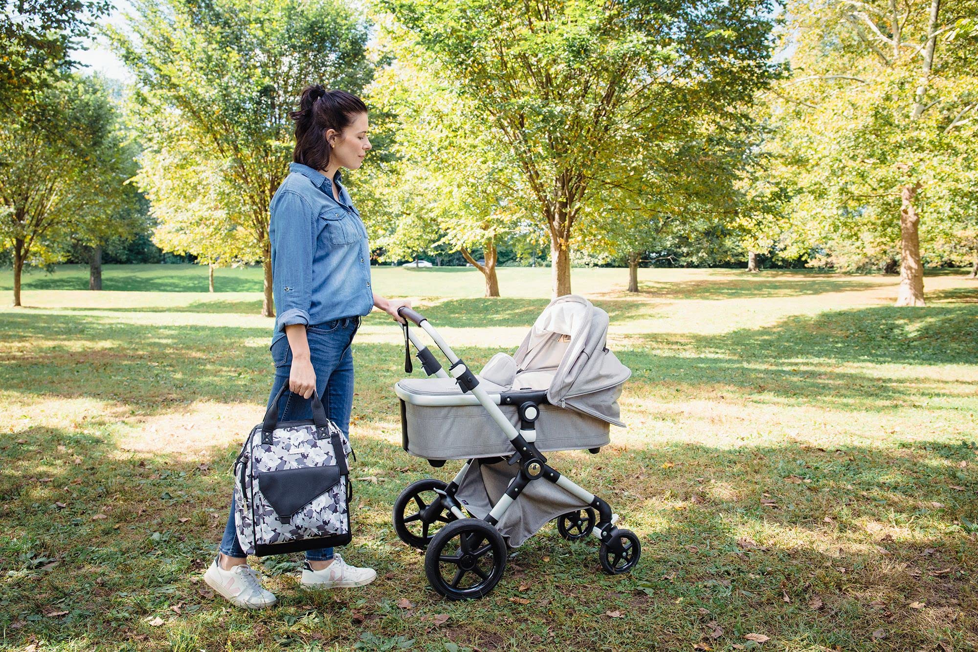 Baby Brezza Lucia Baby Diaper Bag Backpack and Tote – Carry How You Choose – Spacious but Compact Design with 12 Pockets and Slide Out Diaper Caddy, Floral