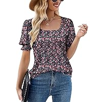 LUYAA Womens Summer Tops 2024 Square Neck Puff Sleeve T Shirts Short Sleeve Soft Loose Fit Tunic Blouse