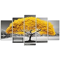 QIXIANG Large Yellow Tree Canvas Wall Art 5 Pieces Tree by the Lake Landscape Picture Prints for Living Room Bedroom Office Decor Framed (12x20inx2 12x30inx2 12x40inx1, Yellow Tree)