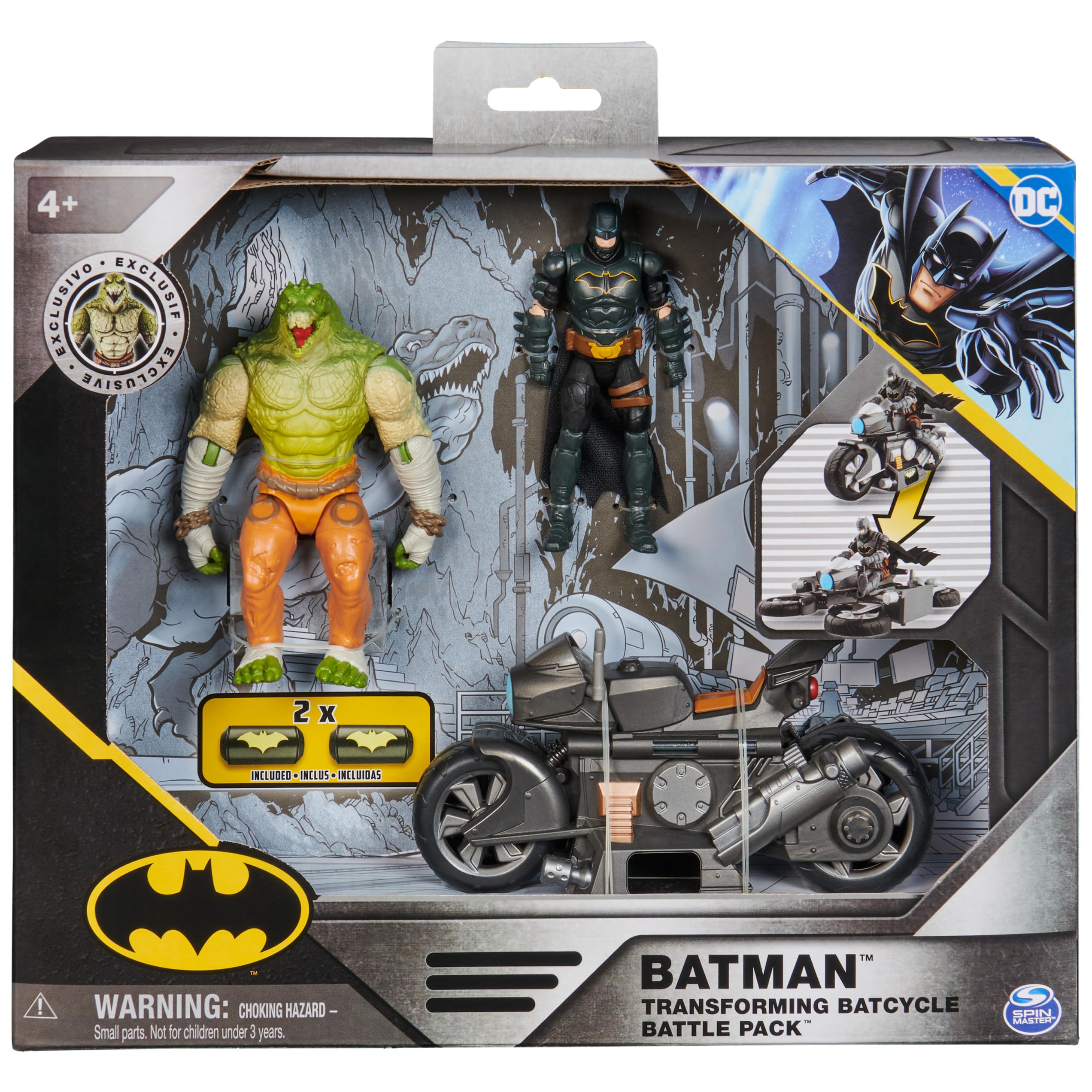 DC Comics, Batman Transforming Batcycle Battle Pack with Exclusive 4-inch Killer Croc and Batman Action Figure, Kids Toys for Boys and Girls Ages 4+