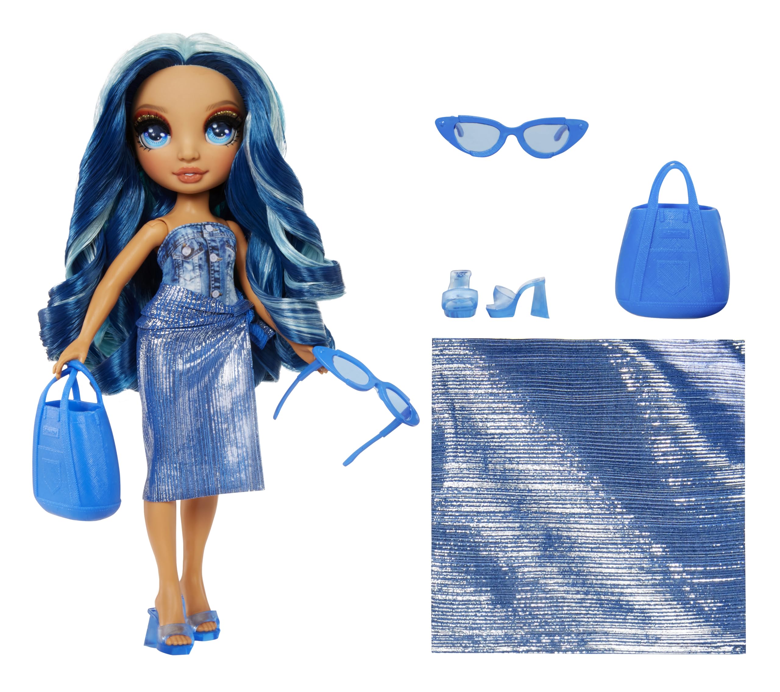 Rainbow High Swim & Style Skyler (Blue) 11” Doll with Shimmery Wrap to Style 10+ Ways, Removable Swimsuit, Sandals, Fun Play Accessories. Kids Toy Gift Ages 4-12 Years