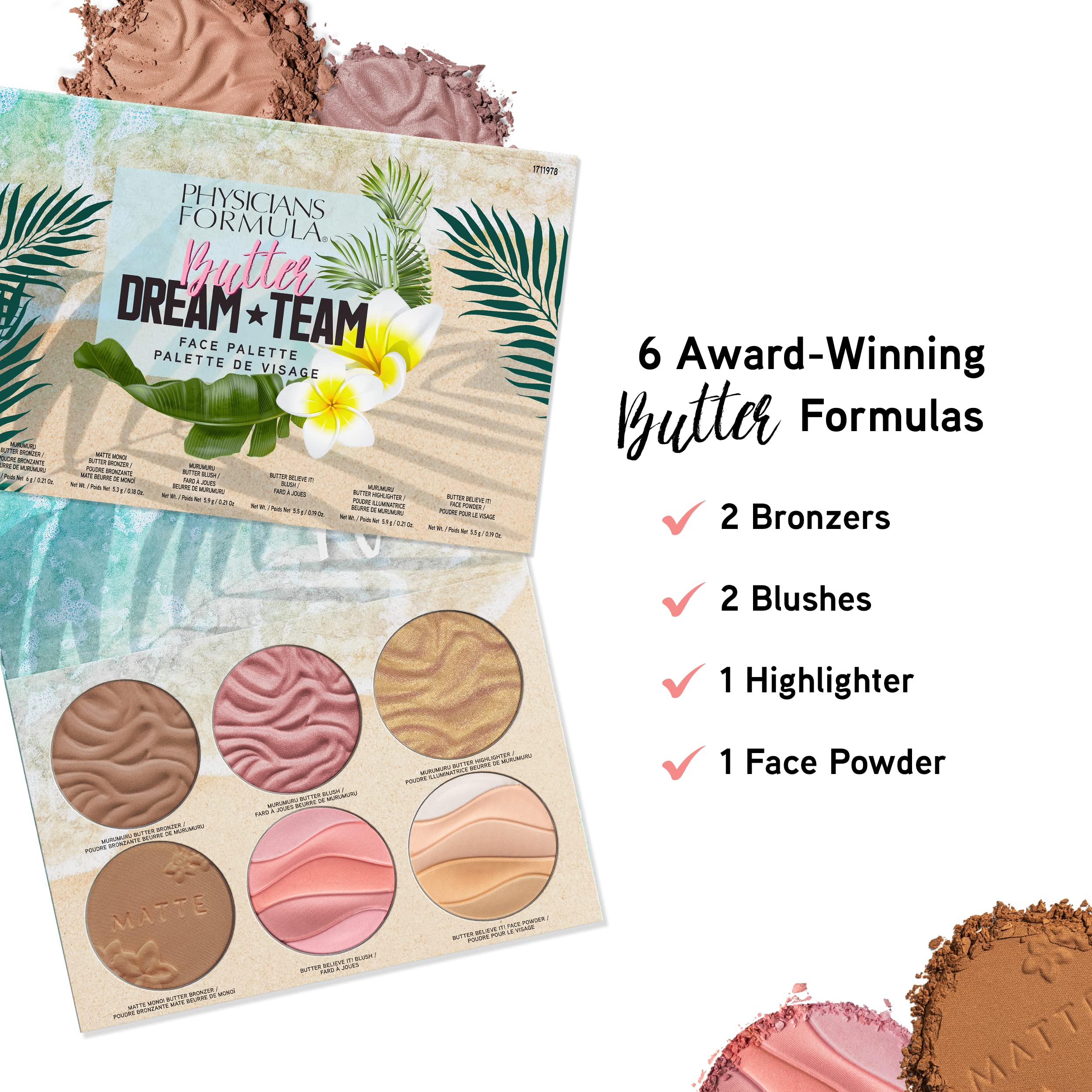 Physicians Formula Butter Dream Team Palette Makeup Gift Set, Bronzer, Blush, Face Powder, Dermatologist Approved