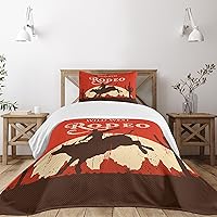Ambesonne Vintage Bedspread, Rodeo Cowboy Riding Bull Wooden Old Sign Western Style Wilderness at Sunset Image, Decorative Quilted 2 Piece Coverlet Set with Pillow Sham, Twin Size, Redwood Orange