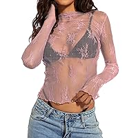 Womens Long Sleeve Sheer Top Sexy Mock Neck Mesh Layering Tee Shirt See Through Lace Floral Embroidery Blouse