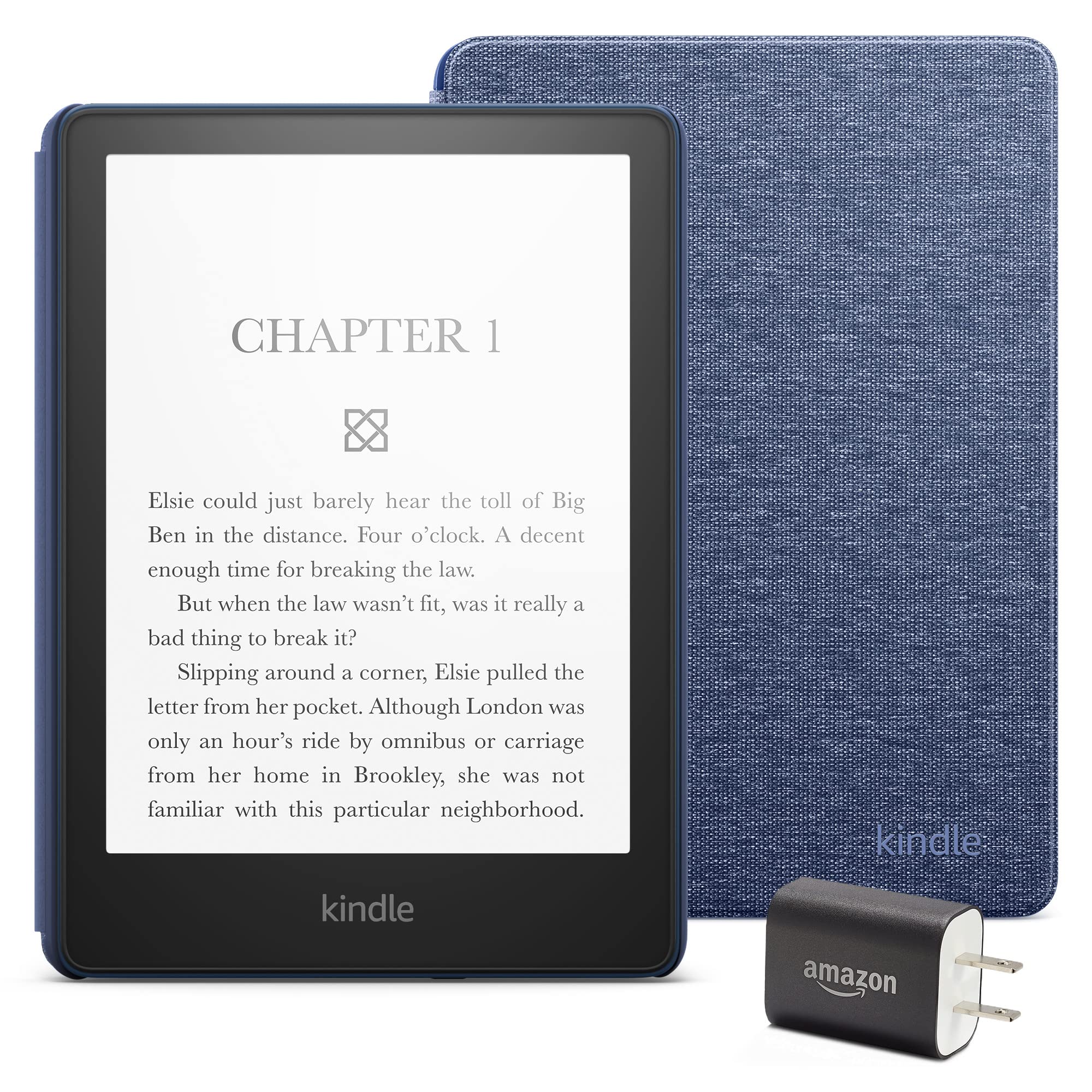 Kindle Paperwhite Essentials Bundle including Kindle Paperwhite (16 GB) - Denim - Without Lockscreen Ads, Fabric Cover - Denim, and Power Adapter