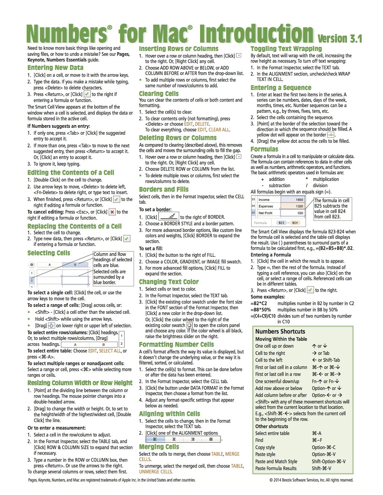 Numbers for Mac Quick Reference Guide, version 3.1-2: Introduction (Cheat Sheet of Instructions, Tips & Shortcuts - Laminated Card)