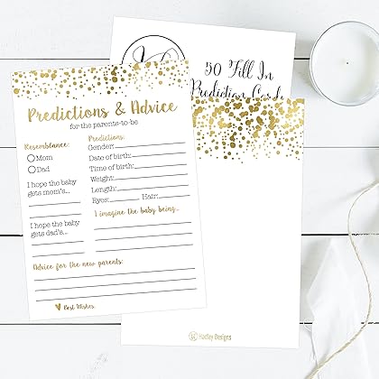 50 Gold Polka Dot Advice and Prediction Cards for Baby Shower Game, New Mom & Dad Card or Mommy & Daddy To Be, Girl or Boy Babies New Parent Message Advice Book, Fun Gender Neutral Shower Party Favors