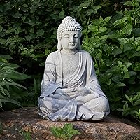 TOETOL Zen Garden Asian Buddha Statue Outdoor Indoor Yard Decor 20” High Patio Deck Sculptures Magnesium Oxide Stone Grey Home Entryway Hallway