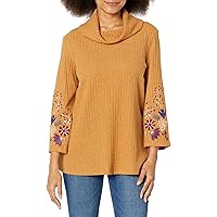 Women's Three Quarters Bell Sleeve Cowl Collar Top with Embroidered