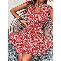 Summer Dresses for Women 2022 Ditsy Floral Flutter Sleeve Ruffle Hem Dress Dresses for Women (Color : Red, Size : Small)