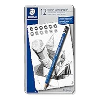 Mars Lumograph Art Drawing Pencils, 12 Pack Graphite Pencils in Metal Case, Break-Resistant Bonded Lead, 100 G12,Silver/Blue