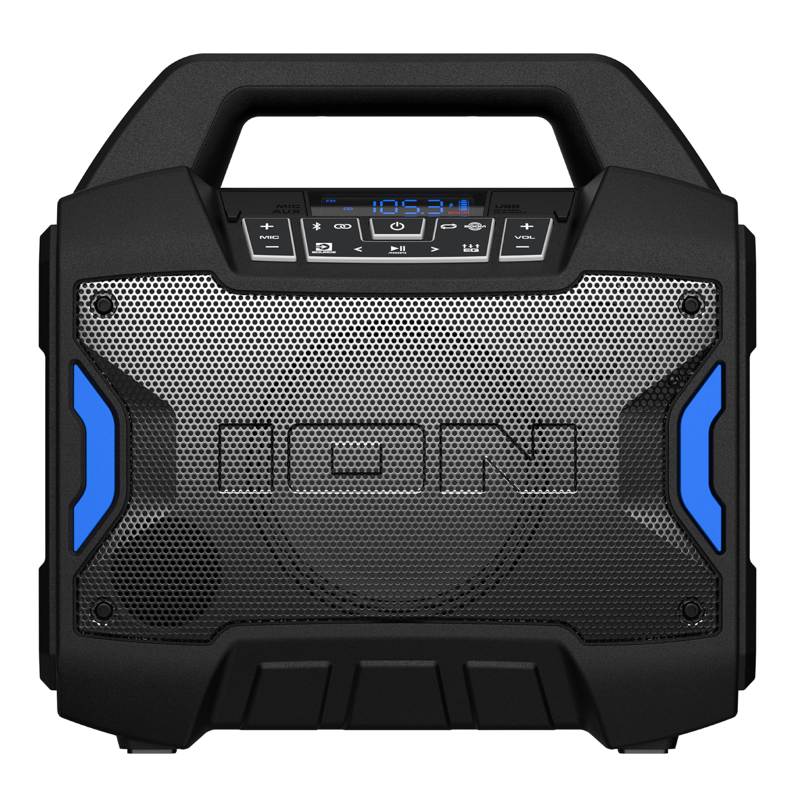 ION Tailgater Boom - Outdoor Portable Bluetooth Speaker with Mic in, FM Radio, USB Port, Battery, IPX5 Water-Resistant, Wireless Stereo-Link, App, 60W