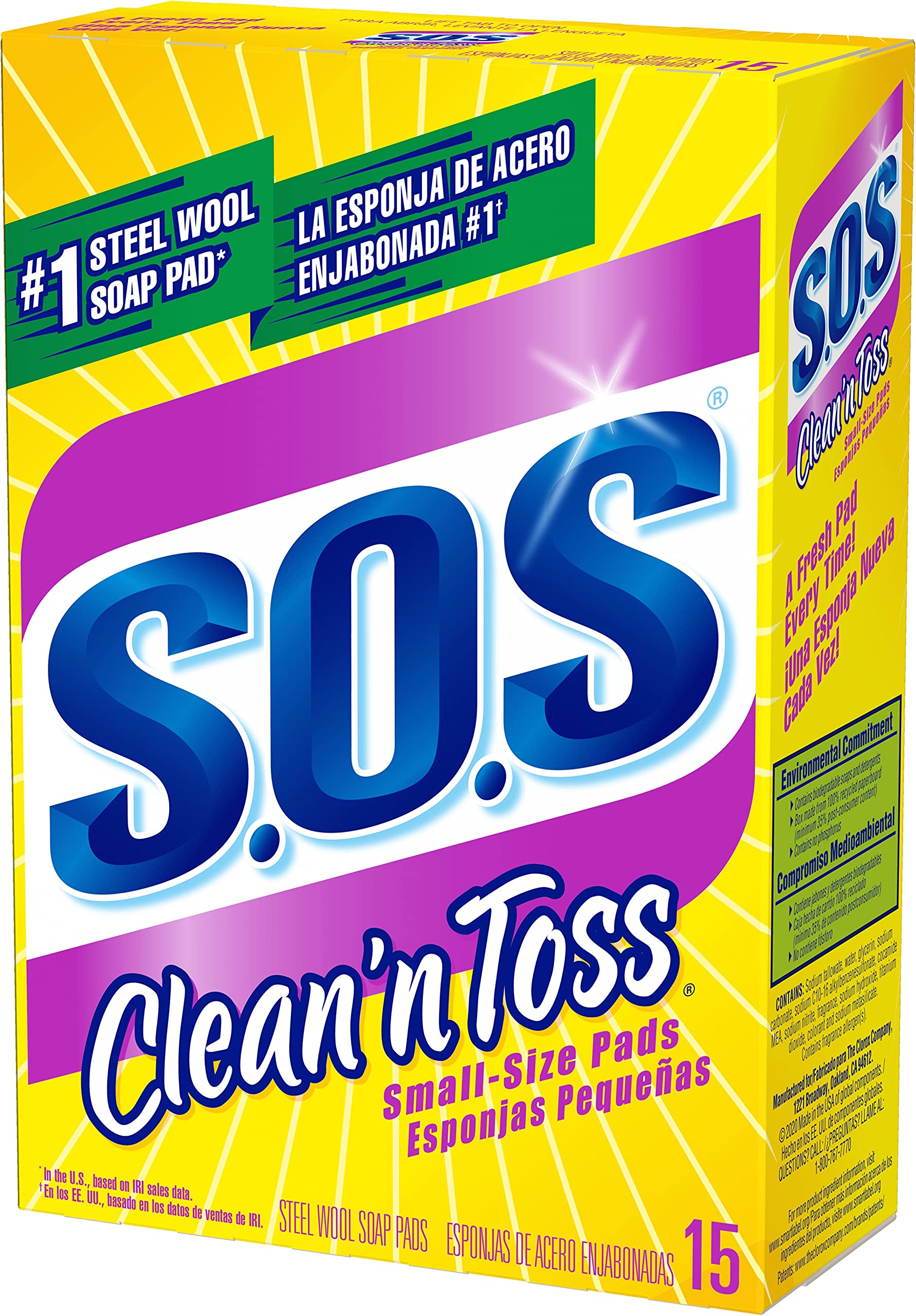 S.O.S Clean n' Toss Steel Wool Soap Pads, Home Cleaning Pads, Reusable Soap Scrubbers, Grease Cleaner, Outdoor, Bathroom or Kitchen Cleaning, Small Size Pads, 15 Count