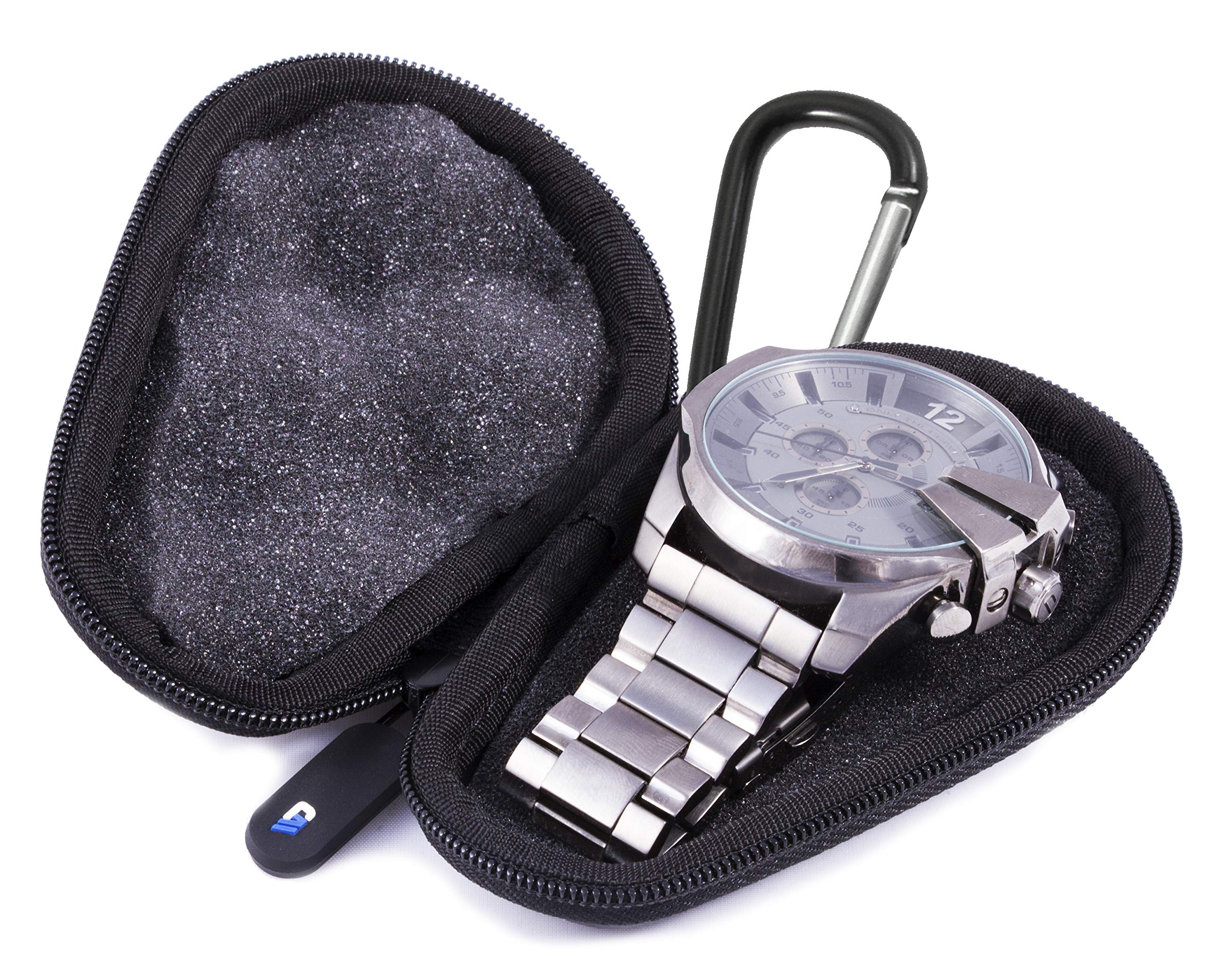 CASEMATIX Premium Travel Watch Case with Rugged Hard Shell Exterior, Foam Interior, Zipper & Metal Carabiner -Vintage Pattern Watch Travel Box for up to 56MM Watches