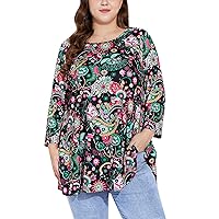 Plus Size Tunic Tops for Women 3/4 Sleeve Loose Fit Tunics Dressy Casual Floral Flare Top to Wear with Leggings