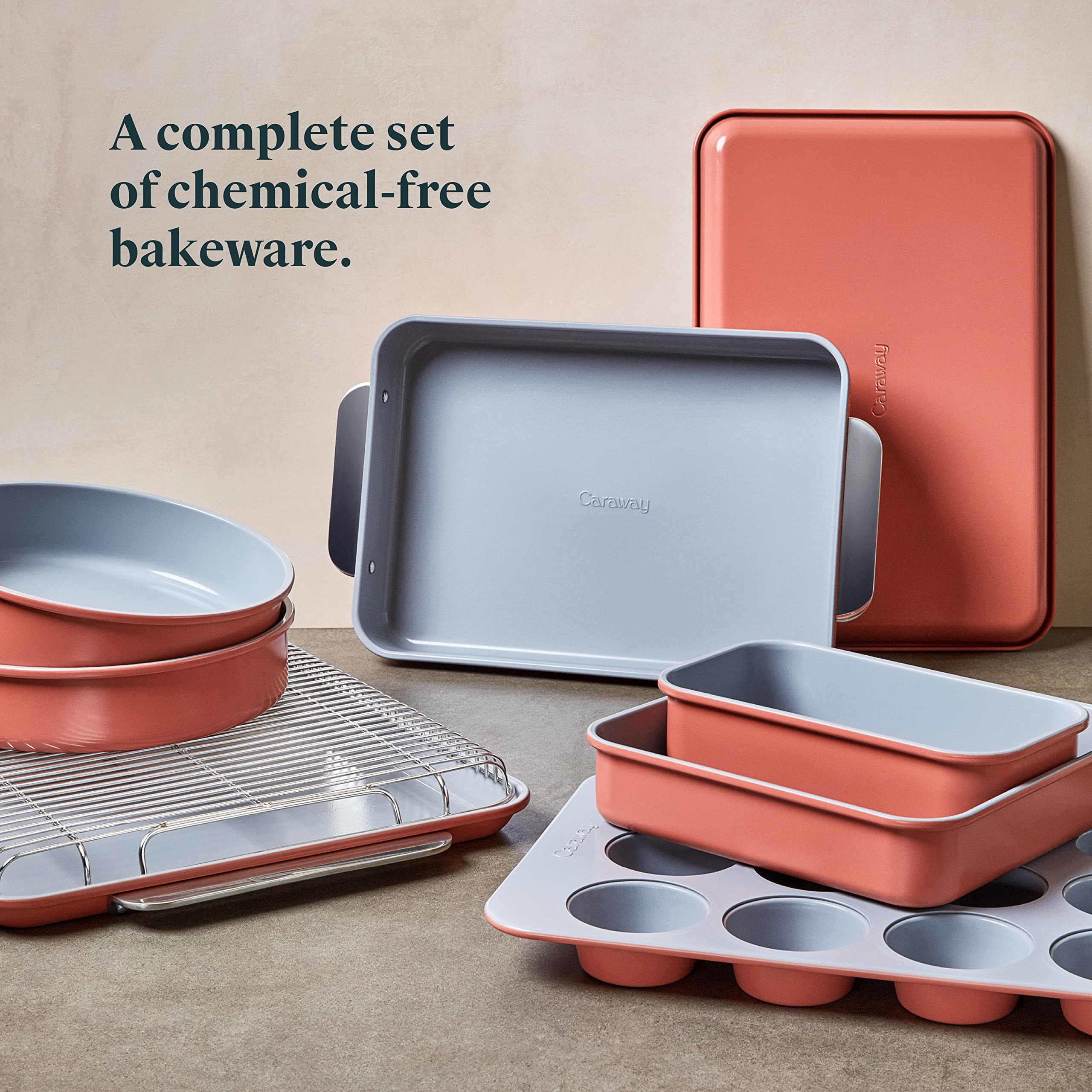 Caraway Nonstick Ceramic Bakeware Set (11 Pieces) - Baking Sheets, Assorted Baking Pans, Cooling Rack, & Storage - Aluminized Steel Body - Non Toxic, PTFE & PFOA Free - Perracotta
