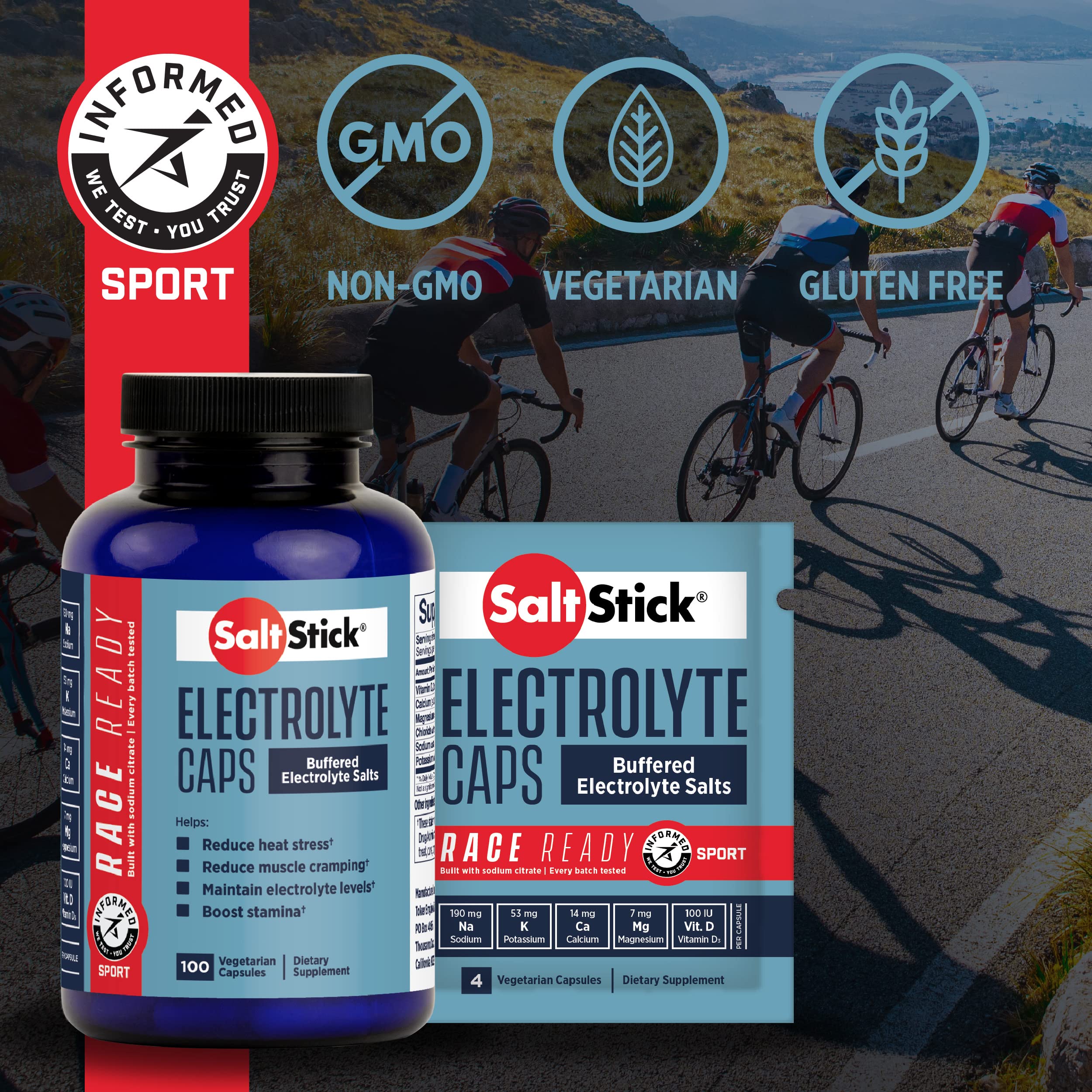 SaltStick Race Ready Caps, Informed Sport Certified Electrolyte Replacement Capsules with Sodium Citrate to Reduce Heat Stress, Muscle Cramping and Maintain Electrolyte Levels, 100 Count