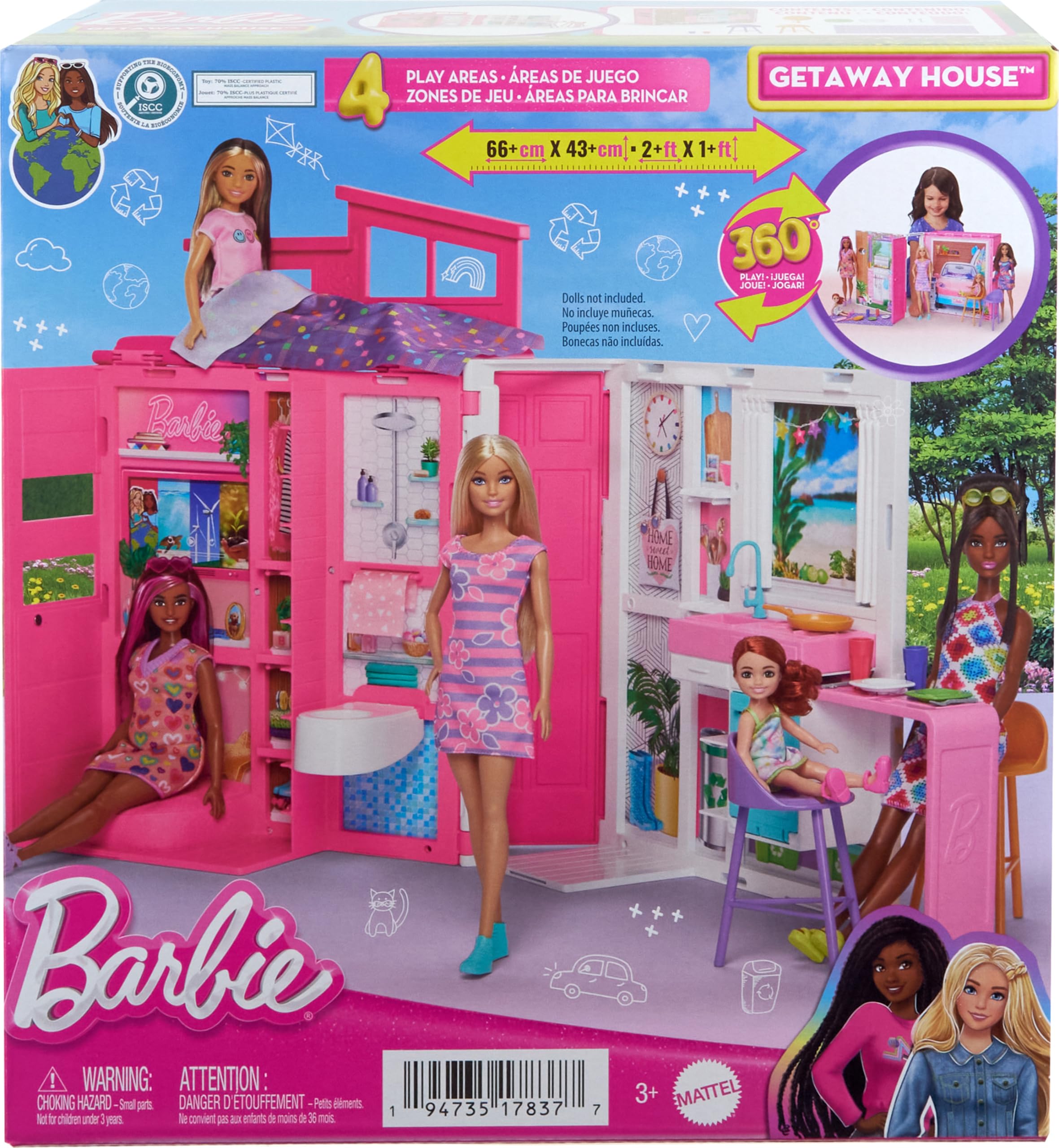 Barbie Doll House Playset, Getaway House with 4 Play Areas Including Kitchen, Bathroom, Bedroom and Lounge, 11 Decor Accessories