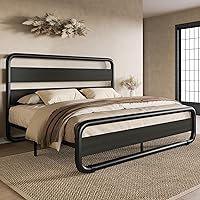 SHA CERLIN Queen Size Metal Bed Frame with Wooden Headboard and Footboard, Heavy Duty Oval-Shaped Platform Bed with Under-Bed Storage, Noise Free, No Box Spring Needed, Black