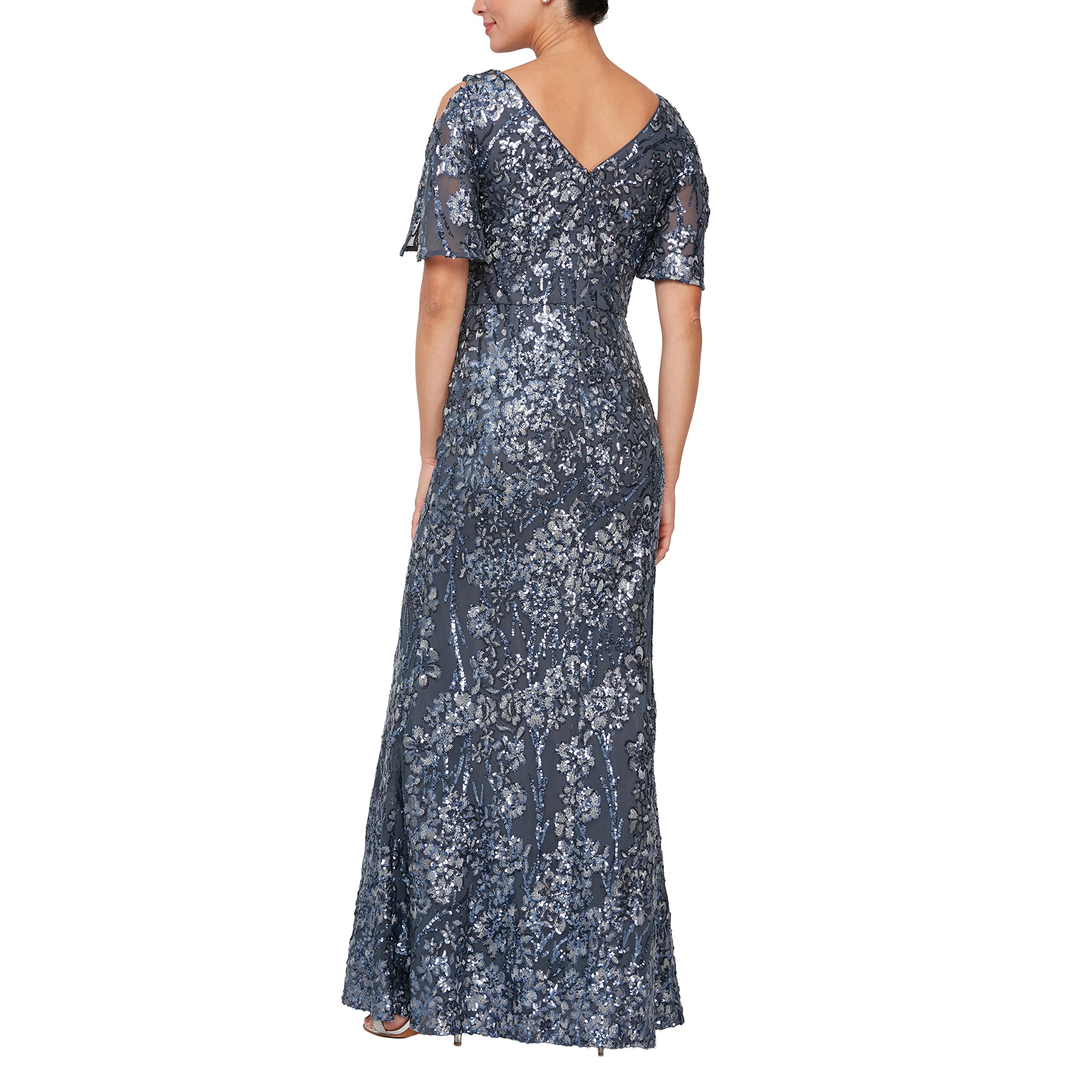 Alex Evenings Women's Long Sequin Dress with Flutter Sleeves